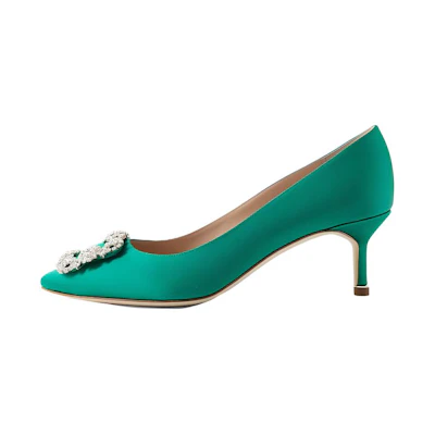 (W) Manolo Blahnik Pointed-Toe Slip-Ons 'Green Kitten Heel'