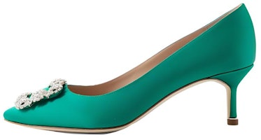(Women) Manolo Blahnik Pointed-Toe Slip-Ons 'Green Kitten Heel' 9XX-0315-3206 (Women) Manolo Blahnik Pointed-Toe Slip-Ons 'Green Kitten Heel' 9XX-0315-3206