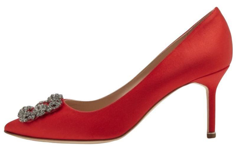 (Women) Manolo Blahnik Satin Crystal Buckle Pointed Toe Stiletto 'Red' 9XX-0662-0058