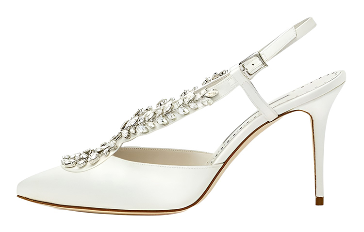 (W) Manolo Blahnik Satin Crystal Embellished High Heels 'White'