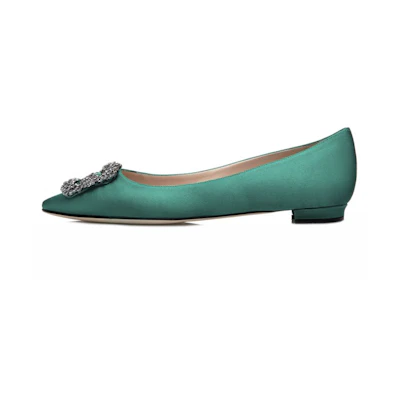 (W) Manolo Blahnik Satin Flat with Crystal Buckle 'Green'