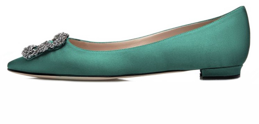 (Women) Manolo Blahnik Satin Flat with Crystal Buckle 'Green' 9XX-0348-0030 Buy (Women) Manolo Blahnik Satin Flat with Crystal Buckle 'Green' 9XX-0348-0030