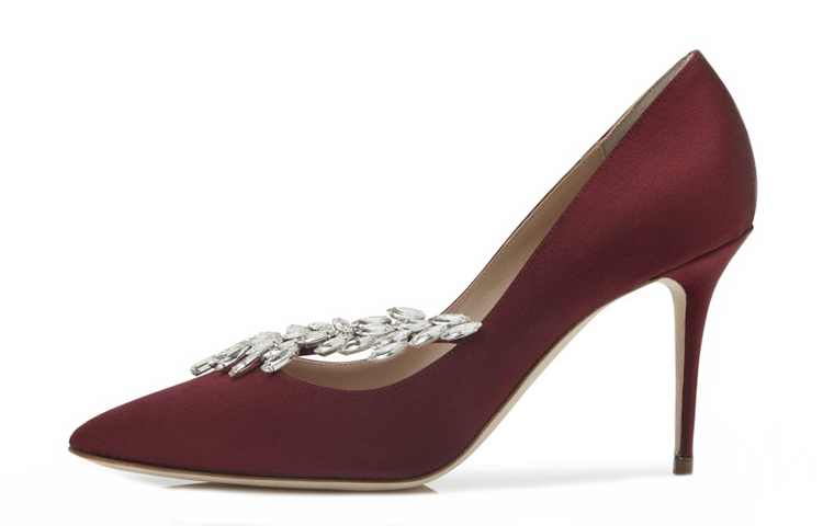 (W) Manolo Blahnik Satin High Heels 'Crystal Leaf Burgundy'