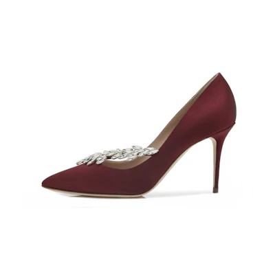 (W) Manolo Blahnik Satin High Heels 'Crystal Leaf Burgundy'