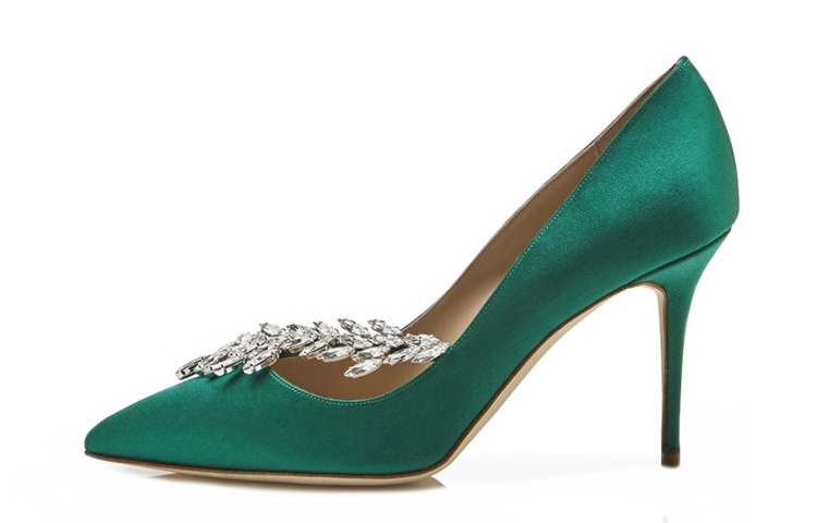 (Women) Manolo Blahnik Satin High Heels 'Crystal Leaf Green' 9XX-0367-0036