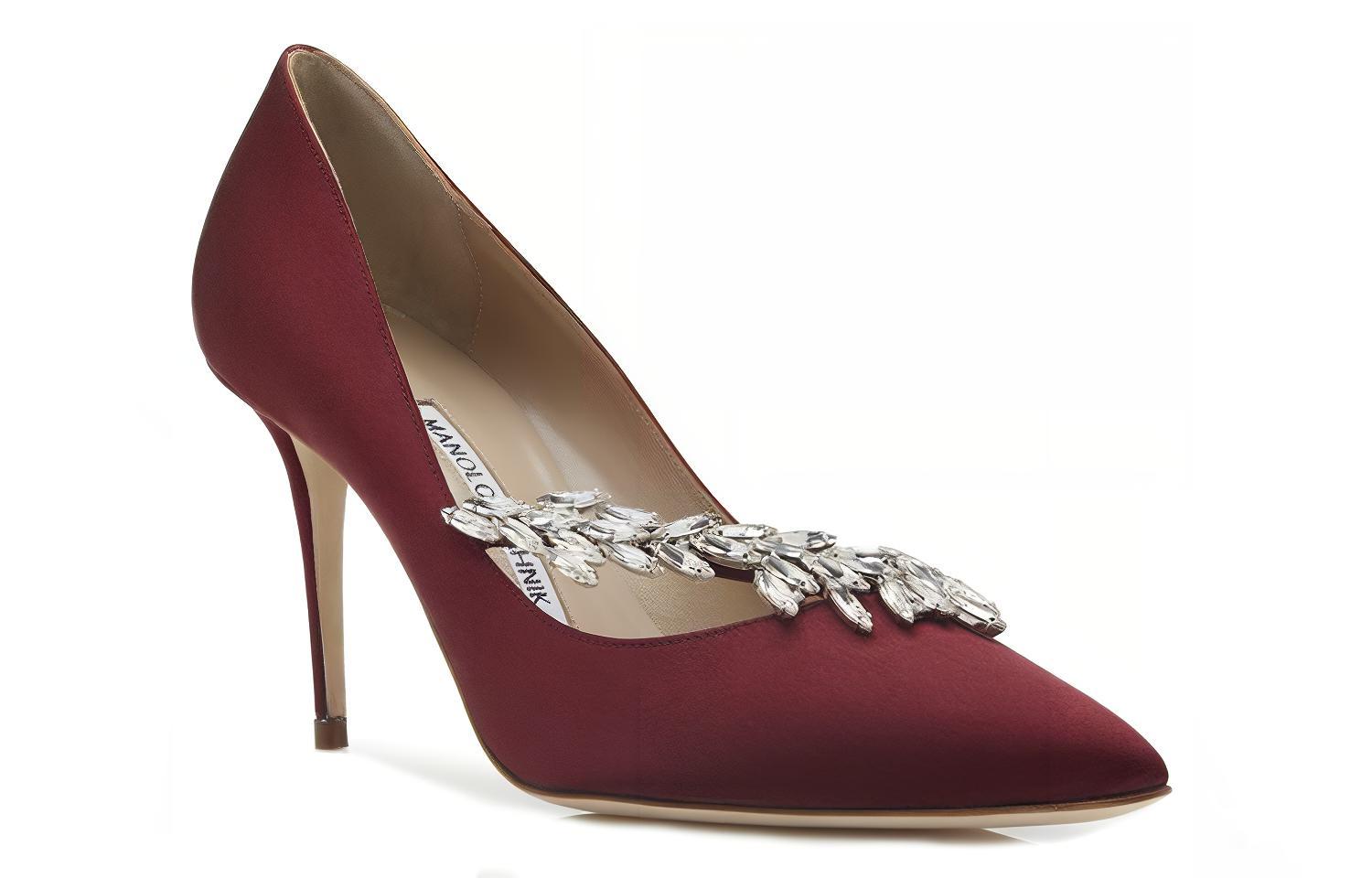 (W) Manolo Blahnik Satin High Heels 'Crystal Leaf Burgundy' 圖 4