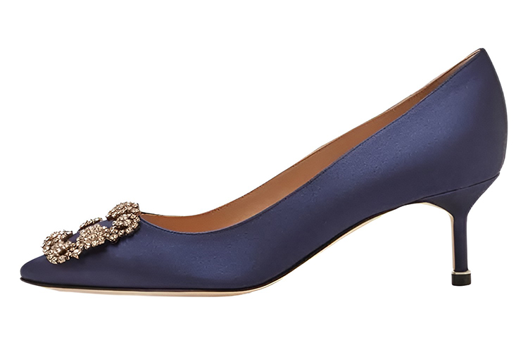 (W) Manolo Blahnik Satin High Heels 'Navy Crystal Buckle'