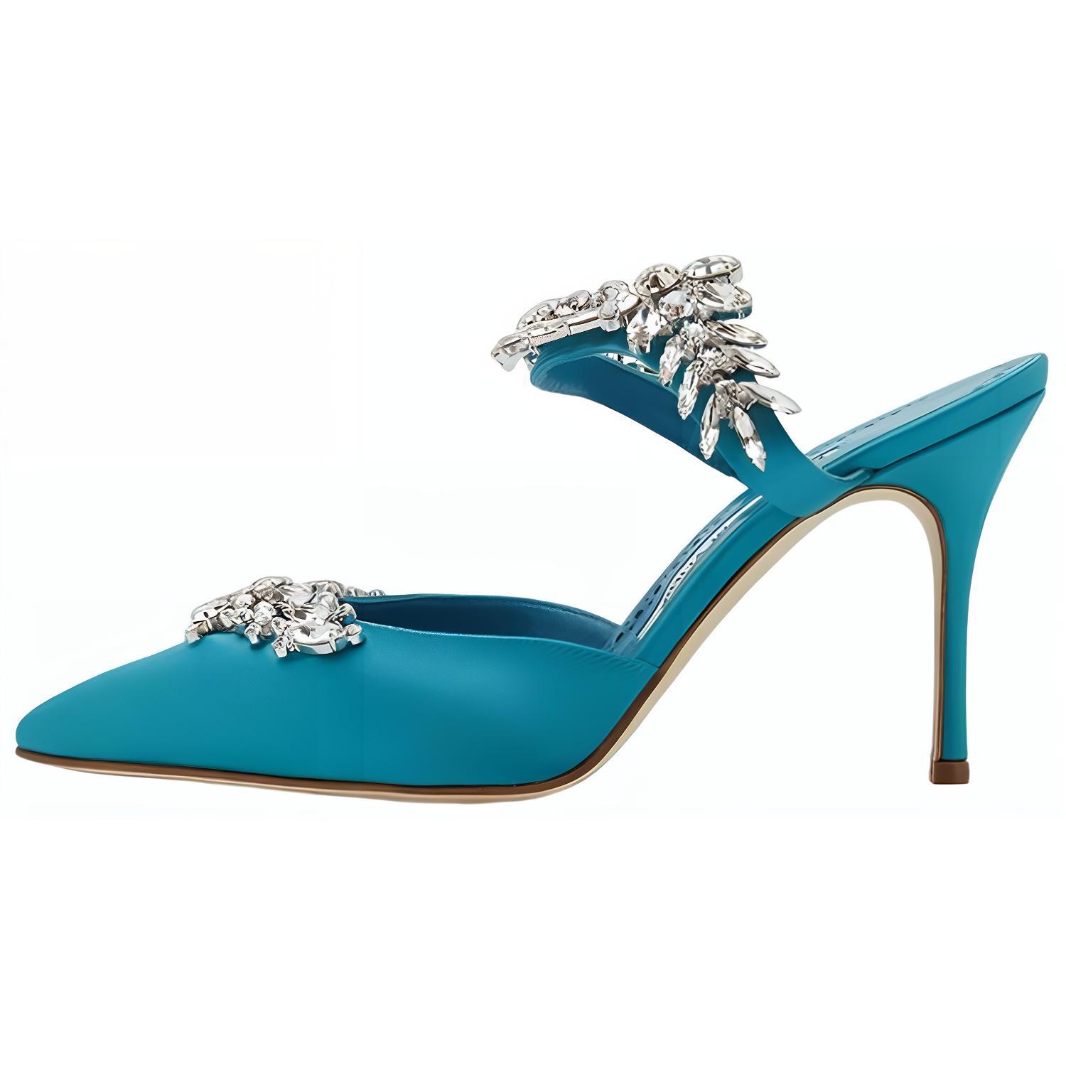 (Women) Manolo Blahnik Satin High Heels 'Turquoise Crystal Embellished' 9XX-0362-0069