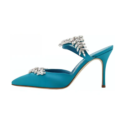 (W) Manolo Blahnik Satin High Heels 'Turquoise Crystal Embellished'