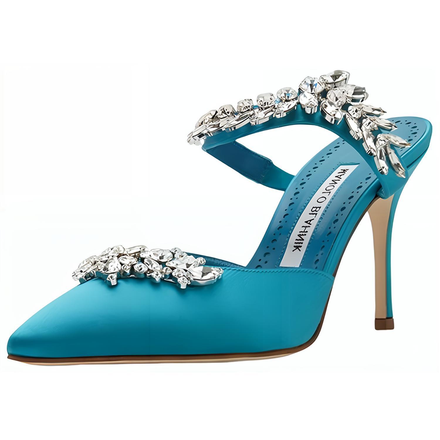 (W) Manolo Blahnik Satin High Heels 'Turquoise Crystal Embellished' 圖 3