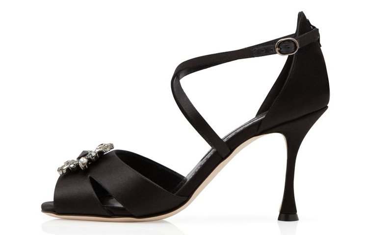 (W) Manolo Blahnik Satin Jewel Buckle Peep-Toe 'Black Fashion High Heel'