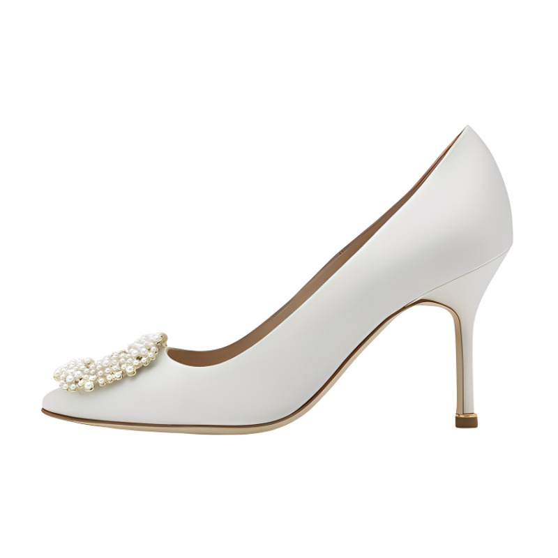 (W) Manolo Blahnik Satin Pearl Buckle Pumps 'Ivory White'