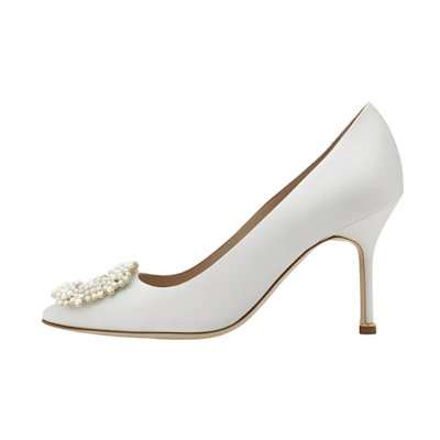 (W) Manolo Blahnik Satin Pearl Buckle Pumps 'Ivory White'