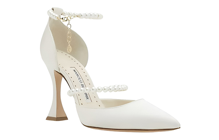 (W) Manolo Blahnik Satin Pearl Pointed Toe High Heels 'White' 圖 3