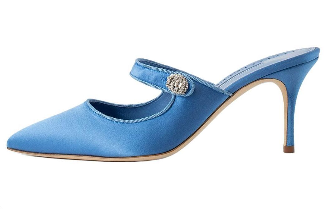(Women) Manolo Blahnik Satin Pointed Toe Slipper 'Blue' 422-1451-4321