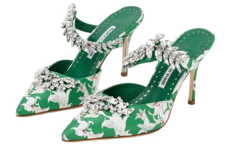 Shop (W) Manolo Blahnik Satin Stiletto Mules 'Hijau Fashion' 123-2323-9052