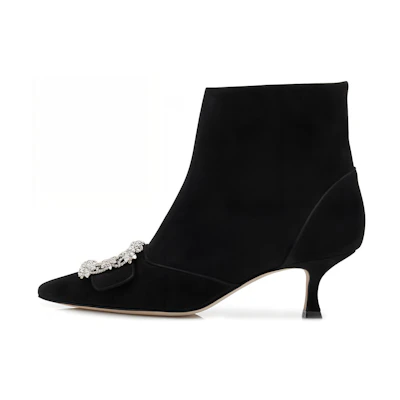 (W) Manolo Blahnik Short Boot 'Velvet Crystal Buckle Black'