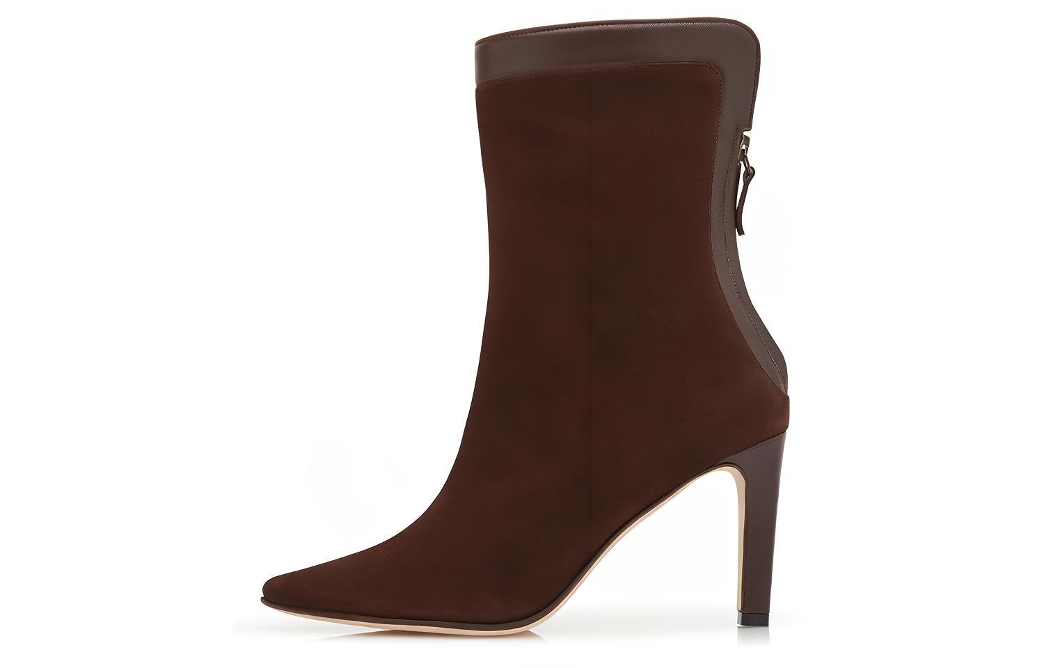 (W) Manolo Blahnik Suede Chunky Heel Zip Ankle Boots 'Deep Brown'