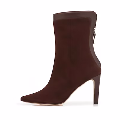 (W) Manolo Blahnik Suede Chunky Heel Zip Ankle Boots 'Deep Brown'