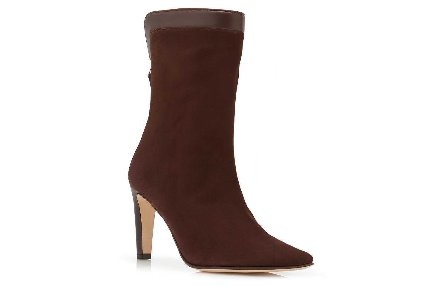 (W) Manolo Blahnik Suede Chunky Heel Zip Ankle Boots 'Deep Brown' 圖 2