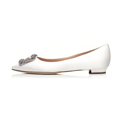 (W) Manolo Blahnik Velvet Buckle Flats 'White'