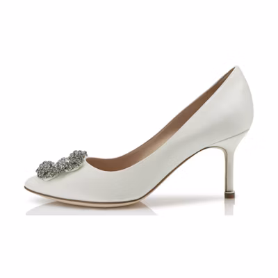 (W) Manolo Blahnik Velvet Buckle High Heels 'White'