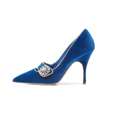 (W) Manolo Blahnik Velvet High Heels 'Crystal Embellished Blue'