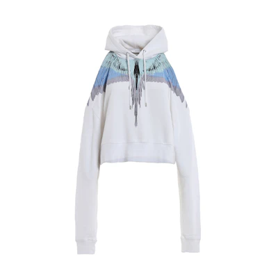 (Women) Marcelo Burlon White Feather Wing Print Off-Shoulder Crop Hoodie CWBB020S186302460188