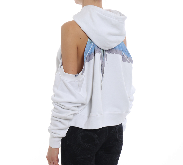 Shop (W) マルセロバーロン ホワイトフェザーウィングプリント オフショルダークロップフーディー CWBB020S186302460188