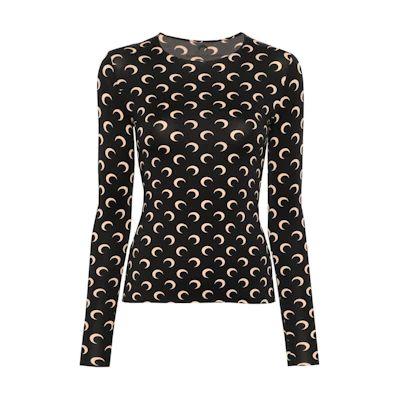 (Women) Marine Serre Black Logo Print Slim Fit Long Sleeve T-Shirt. WTS006CJER0001IT99