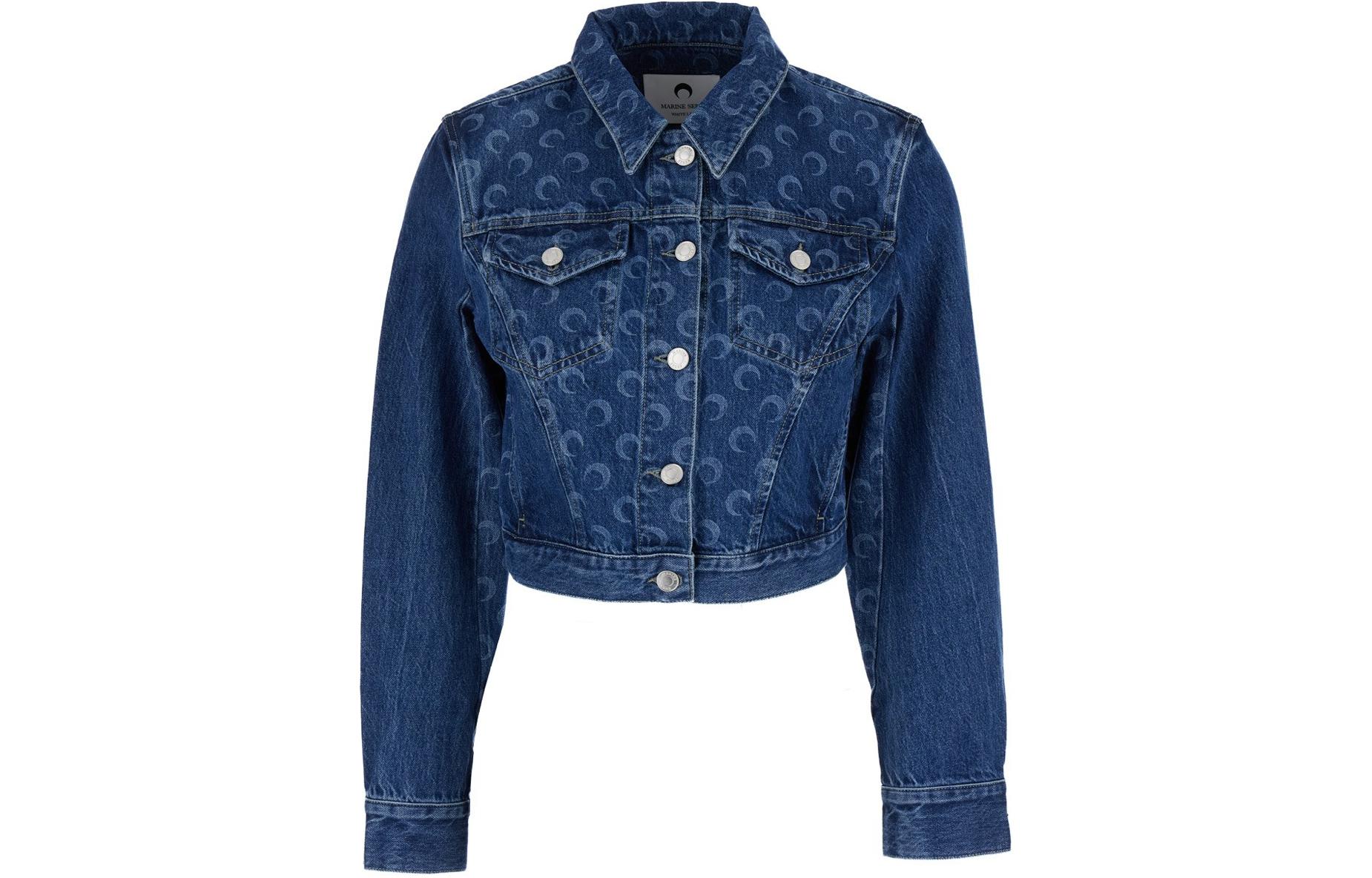 (Women) Marine Serre  Blue Cropped Long Sleeve Jacket with Single-Breasted Lapel. WJA041DDEN0001BL50