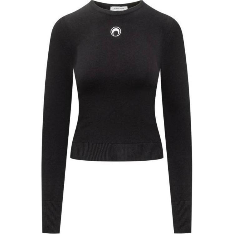 (Women) Marine Serre  Slim Fit Crewneck Pullover Long Sleeve Sweater Black WTK014ACKNI0511-BK99