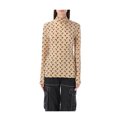 (Women) Marine Serre All-Over Print Slim Fit High-Neck Long Sleeve Tee Yellow Women WTS005CJER0001TA10-YELLOW