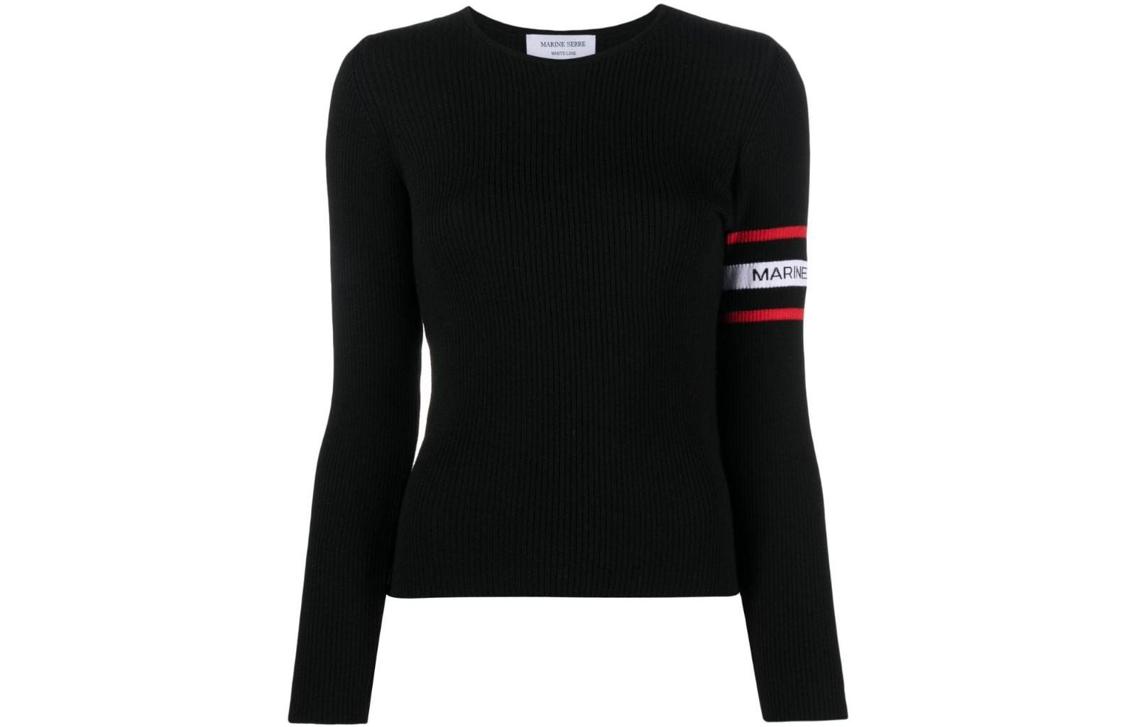 Order (W) Marine Serre FW22 Sweater Hitam Crewneck dengan Jalur Trim Berjalur. T229FW22W00