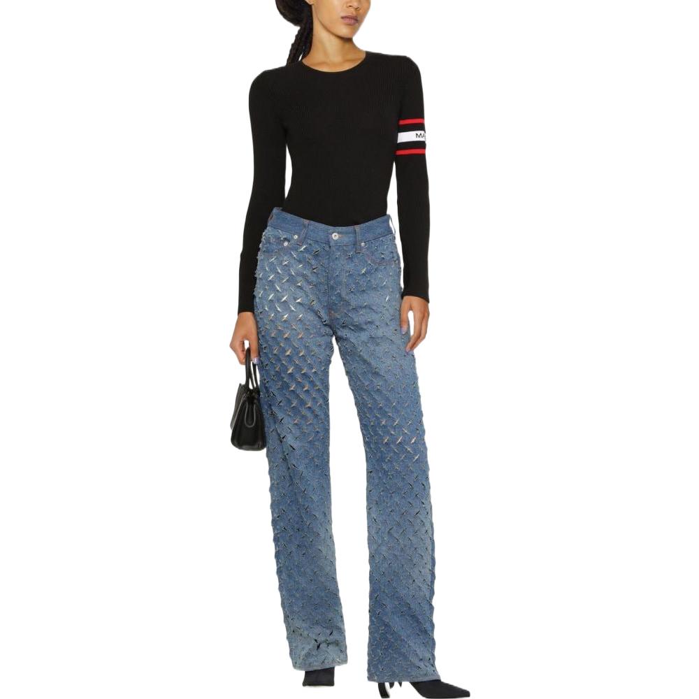 Lookbook (W) Marine Serre FW22 Sweater Hitam Crewneck dengan Jalur Trim Berjalur. T229FW22W00