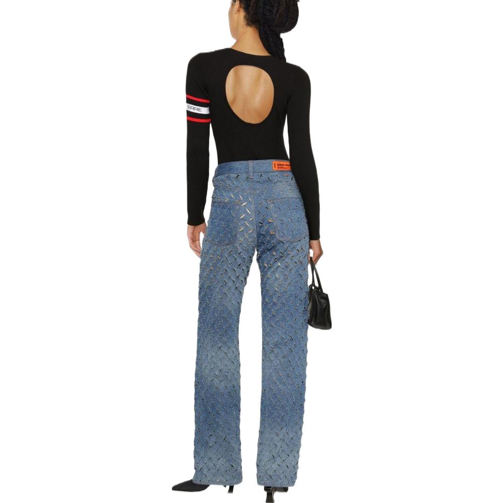 Shop (W) Marine Serre FW22 Sweater Hitam Crewneck dengan Jalur Trim Berjalur. T229FW22W00