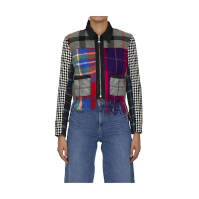 (Women) Marine Serre FW22 Multicolor Checkered Fringe Zip Jacket for Women 085FW22WU206