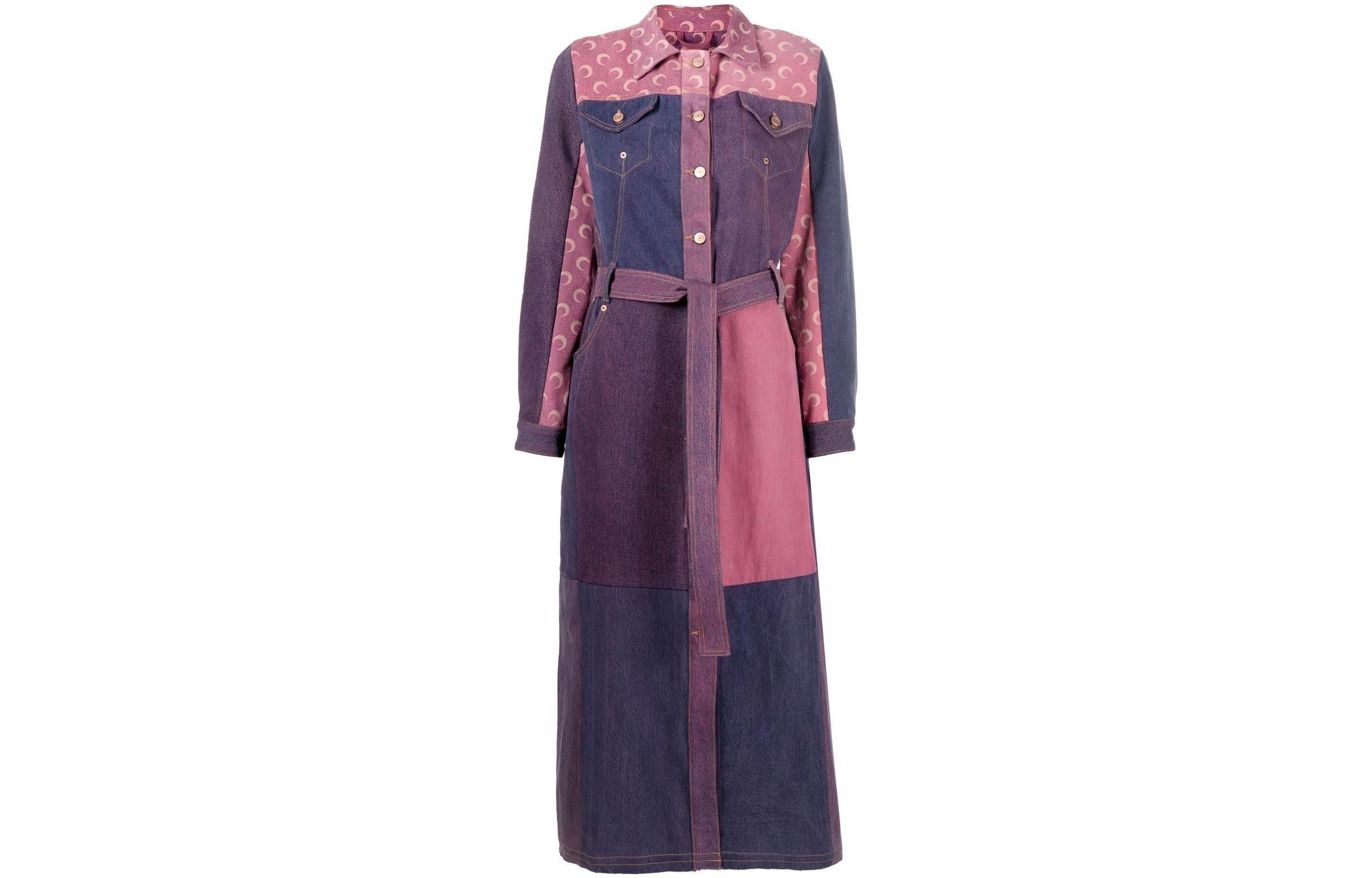 (Women) Marine Serre FW22 Red Patchwork Tie Single-Breasted Long Denim Coat Women. C049WU07