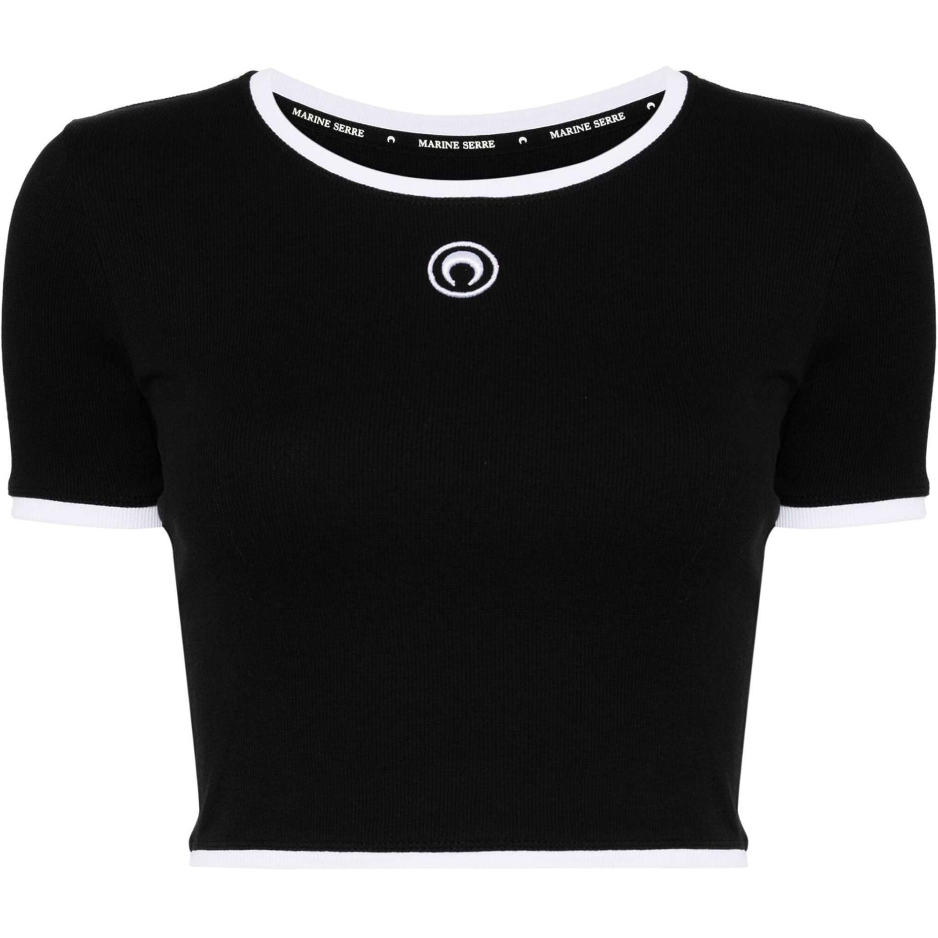 (Women) Marine Serre FW24  Black Cropped Logo Embroidered Short Sleeve T-Shirt WTO087ACJER0011-BLACK