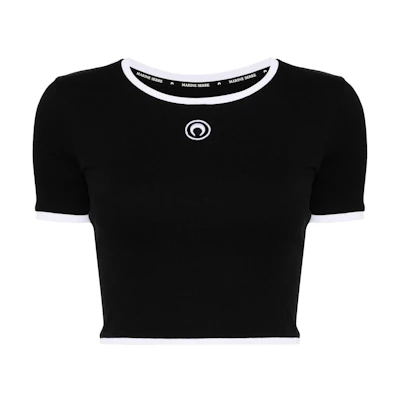 (Women) Marine Serre FW24 Black Cropped Logo Embroidered Short Sleeve T-Shirt WTO087ACJER0011-BLACK