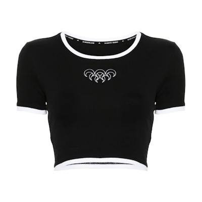 (Women) Marine Serre FW24 Black Embroidered Slim-Fit Cropped T-Shirt WTO087ABK99-BLACK