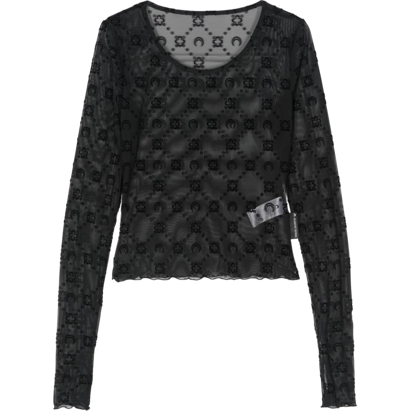 (Women) Marine Serre FW24 Black  Cropped Printed Long-Sleeve T-Shirt. WTS012ABK99BLACK