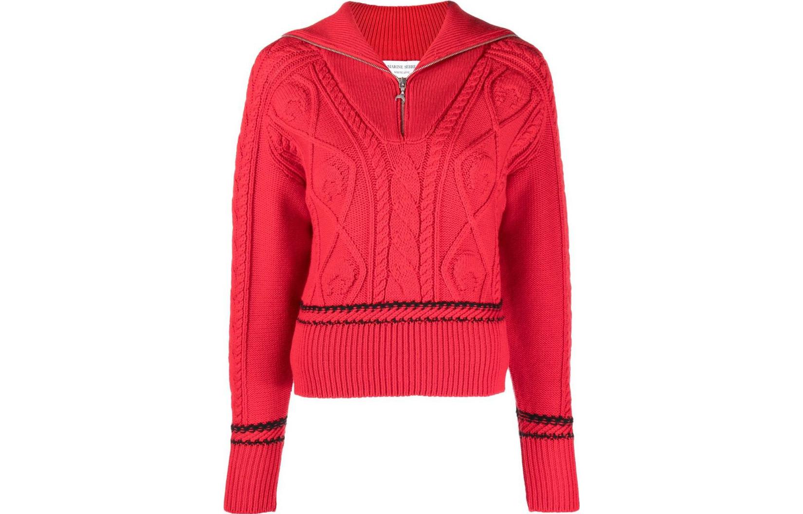 (Women) Marine Serre SS22  Red Striped Cable Knit Wool Sweater. T294FW22W02