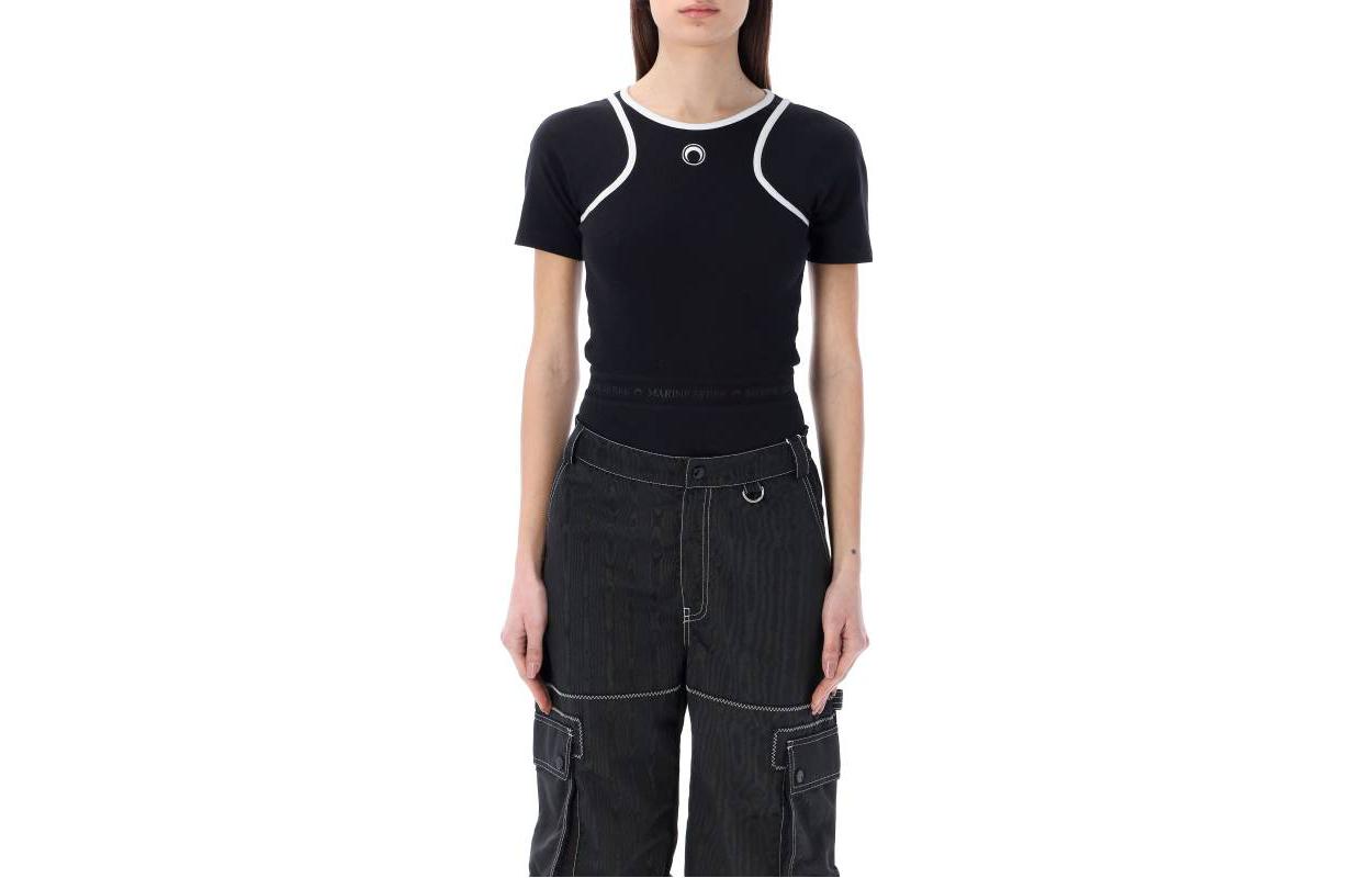 (Women) Marine Serre SS23  Black Contrast Slim Fit Short Sleeve Jumpsuit. T200ICONWSS2300BLACK