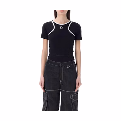 (Women) Marine Serre SS23 Black Contrast Slim Fit Short Sleeve Jumpsuit. T200ICONWSS2300BLACK