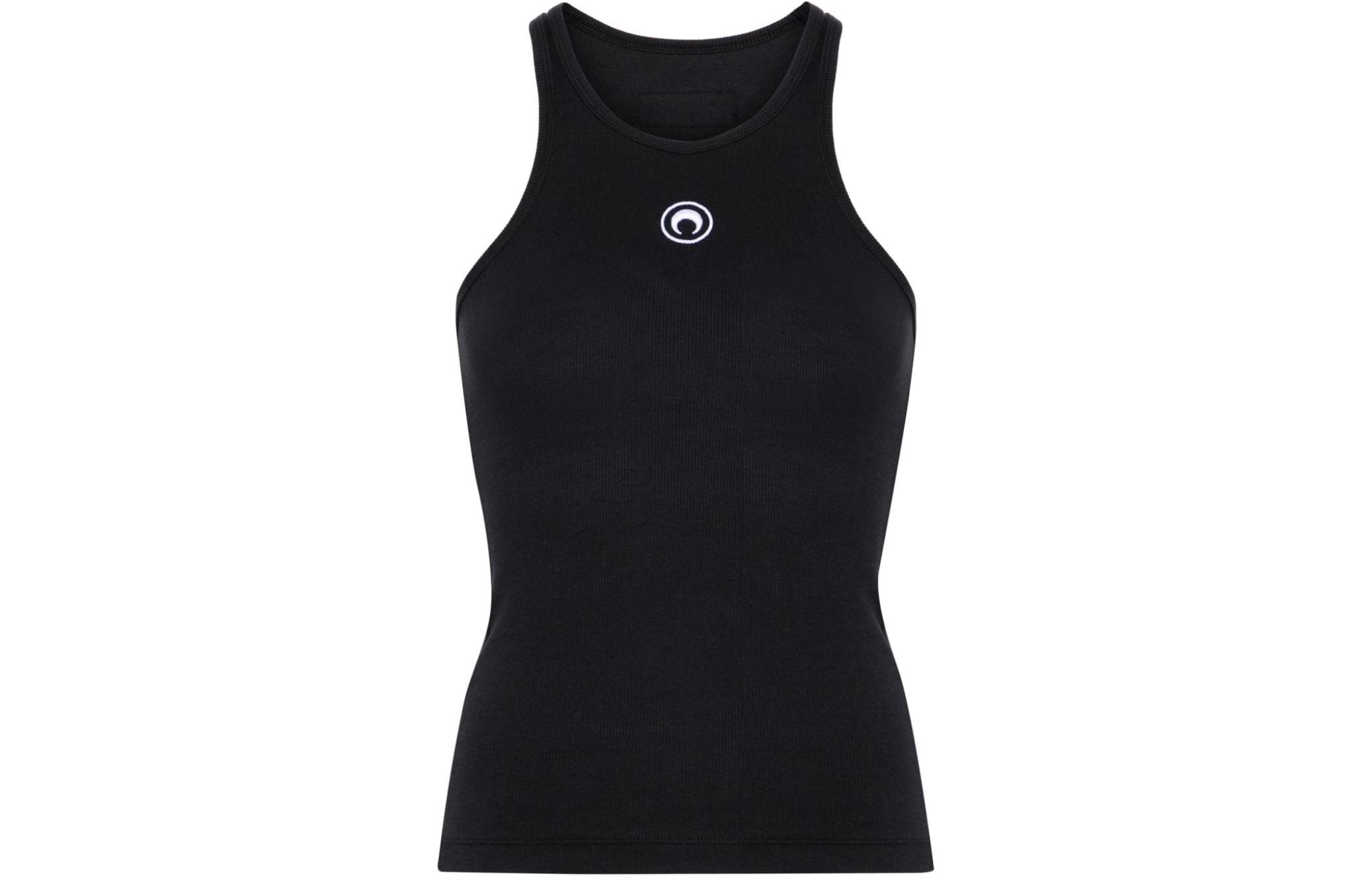 (Women) Marine Serre SS24  Black Ribbed Sleeveless Tank Top with Logo Embroidery WTT014CJER0011-BLACK