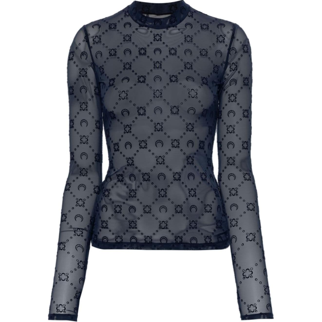 (Women) Marine Serre SS24 Navy Blue Sheer Printed Long Sleeve Crewneck  Tee WTO388ABL90NAVY