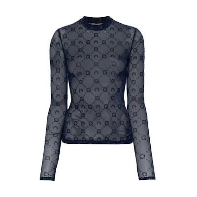 (Women) Marine Serre SS24 Navy Blue Sheer Printed Long Sleeve Crewneck Tee WTO388ABL90NAVY