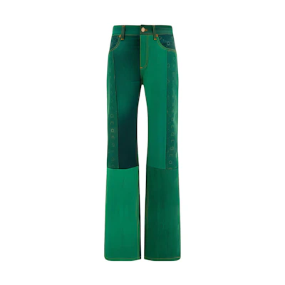 (Women) Marine Serre Two-Tone Mid-Rise Flared Wide-Leg Jeans Green P009SS23WUDENCO000405