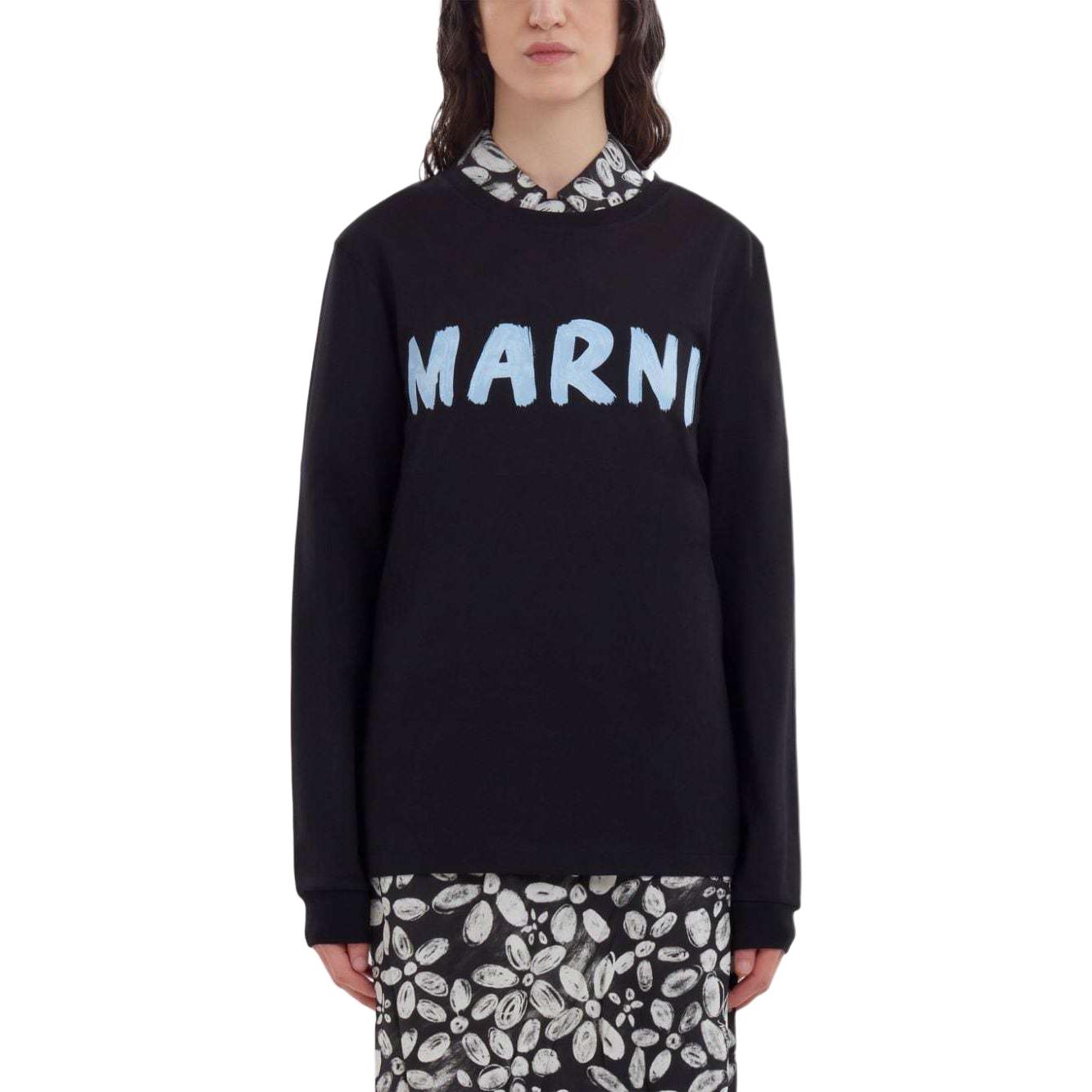 Lookbook (W) MARNI 黑色logo印花羅紋長袖休閒上衣。 THJE0294P1USCS11-BLACK